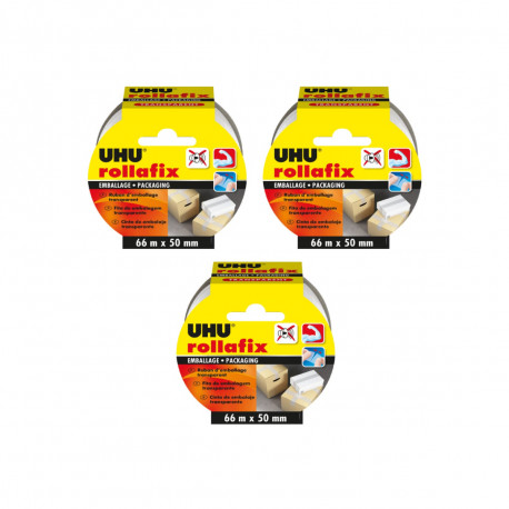 Lot de 3 rubans adhésifs UHU Rollafix Emballage Transparent- 66m x 50mm