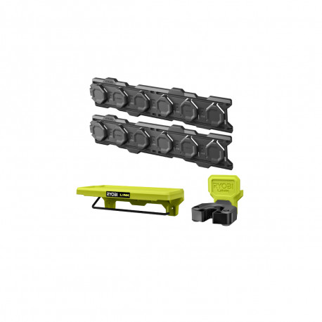 Pack RYOBI Système LINK 2 rails muraux - Pince réversible - Étagère pour produits de nettoyage